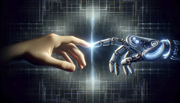 A robot hand is touching a human hand. Concept of human-robot interaction and the potential for technology to bring people together. Scene is one of curiosity and wonder, AI generated