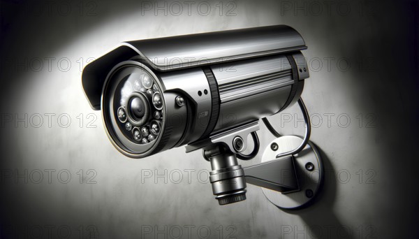 A camera is mounted on a wall. The camera is black and silver, AI generated