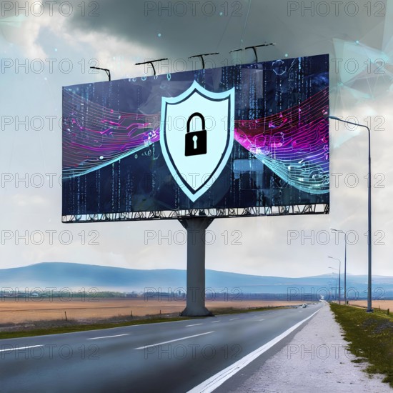 A billboard with a blue shield and a key on it. The billboard is on a road with a clear blue sky in the background, AI generated