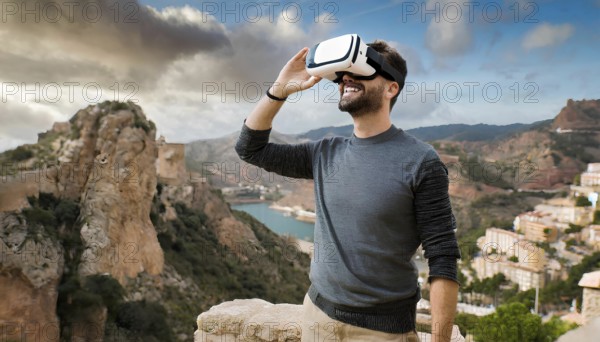 A man wearing a VR headset is standing on a rocky hillside, looking out over a beautiful landscape. Concept of adventure and excitement, as the man is about to embark on a virtual journey, AI generated