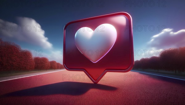 A 3D rendering of a social media like icon featuring a heart symbol, set against a vibrant, futuristic landscape. This image symbolizes digital engagement and online interaction, AI generated
