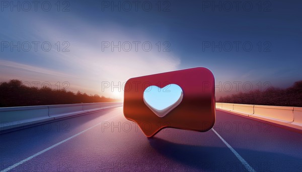 A 3D rendering of a social media notification icon featuring a heart symbol, set on a futuristic road at sunset. This image symbolizes connectivity, engagement, and digital interaction, AI generated