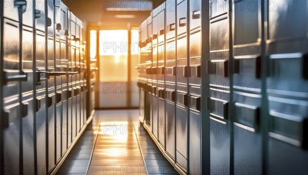 A long hallway with many filing cabinets. The sun is shining through the windows, casting a warm glow on the room, AI generated