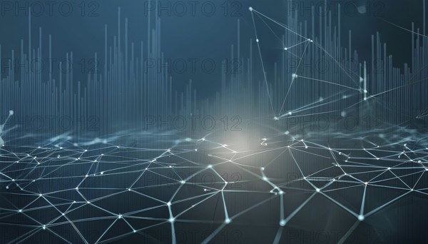 A blue background with a lot of lines and dots. The lines and dots are connected to each other in a way that they form a pattern. The image has a futuristic and technological feel to it, AI generated