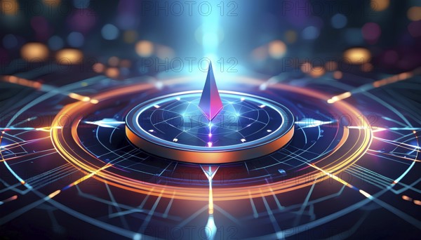 A blue and orange circle with a point in the center. The circle is surrounded by a colorful pattern, AI generated