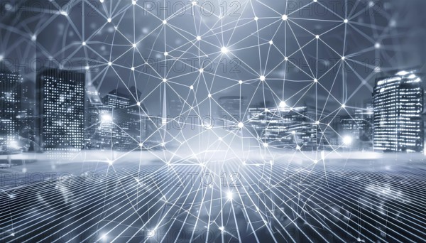 A cityscape with a network of lines connecting the buildings. Concept of connectivity and interdependence between the various elements of the city, AI generated