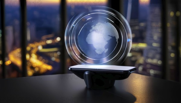 A phone is on a table with a globe on it. The globe is glowing and the phone is showing a picture of a person's face. Concept of technology and the interconnectedness of the world, AI generated