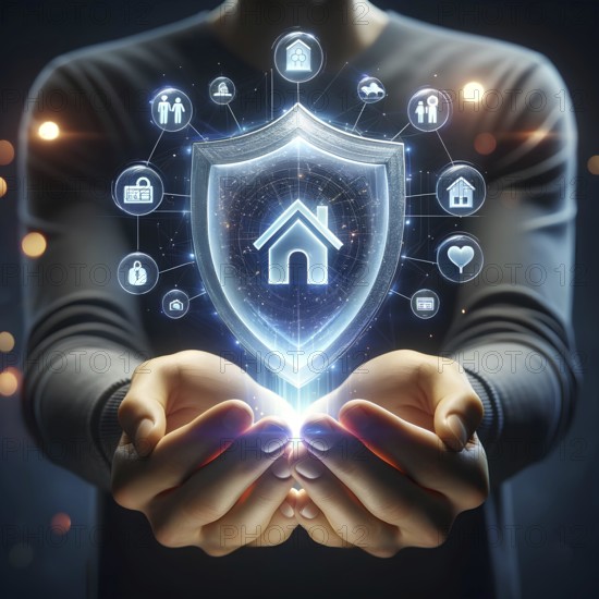 Close-up of hands cupping a digital hologram of a shield with a house icon, symbolizing home security, AI generated