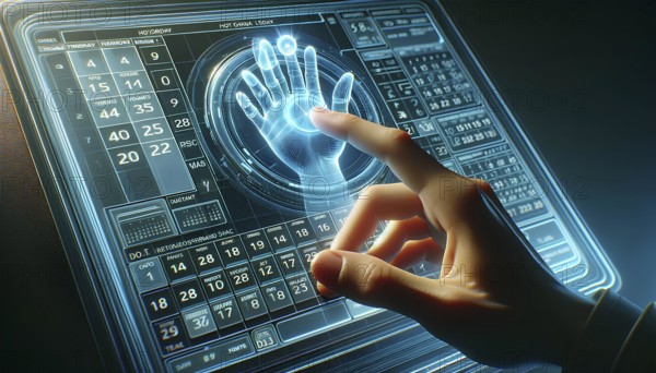 A person's hand engaging with a sophisticated holographic handprint scanner on a futuristic digital interface, AI generated