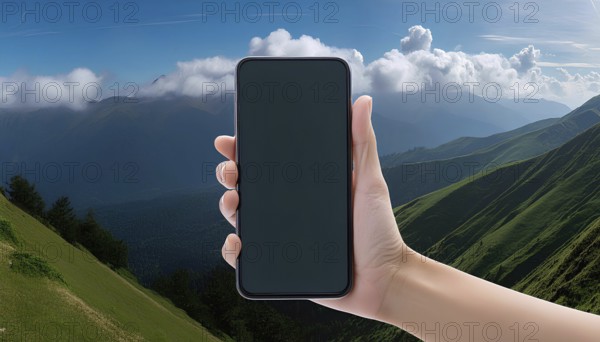 A person is holding a cell phone in a beautiful mountain landscape. The phone is black and the person is looking at it. Concept of serenity and tranquility, AI generated