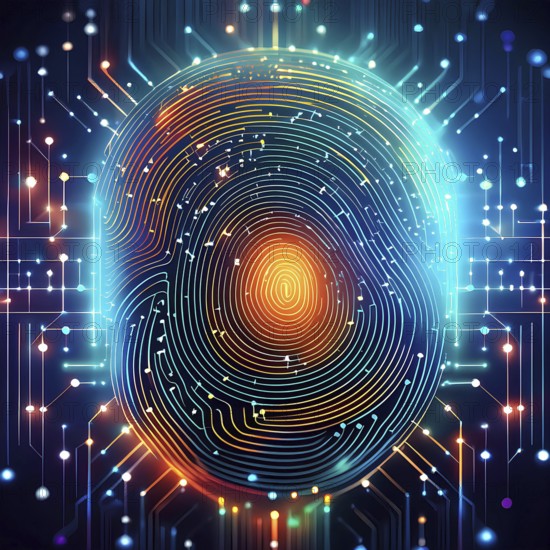 A colorful image of a fingerprint with a blue background. The image is abstract and has a futuristic feel to it, AI generated