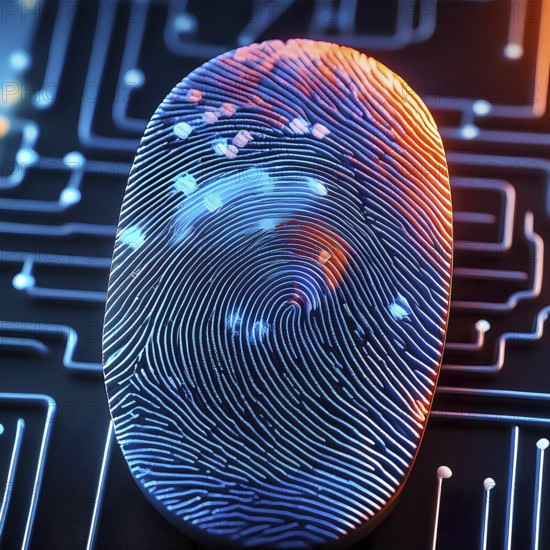 A finger print is shown on a circuit board. The finger print is in the center of the image and is surrounded by a blue and orange background. Concept of technology and modernity, AI generated