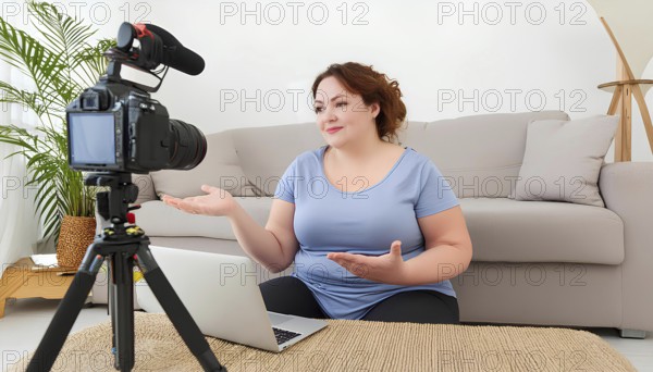 A woman sits on the floor in front of a laptop and a camera. She is talking to the camera and she is giving a presentation, AI generated