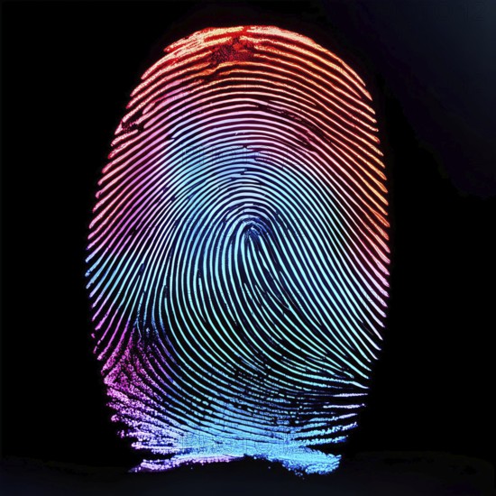A colorful fingerprint with a blue stripe in the middle. The image is abstract and has a futuristic feel to it, AI generated