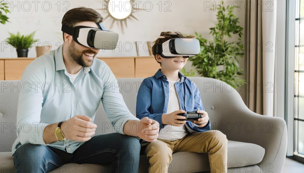 A man and a boy are sitting on a couch playing a video game. The boy is wearing a blue shirt and the man is wearing a white shirt, AI generated