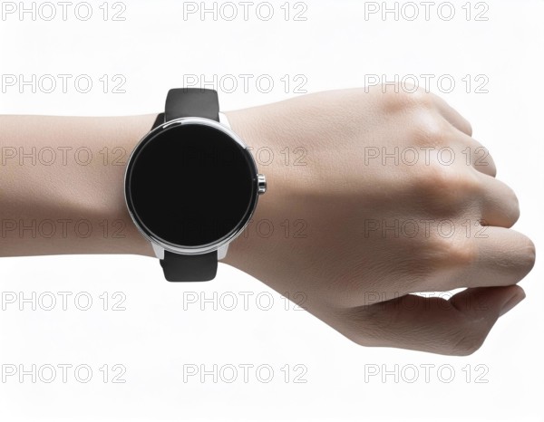 Close-up of a person's wrist wearing a sleek smartwatch with a black strap and blank screen, showcasing modern wearable technology for tracking fitness, time, and notifications, AI generated