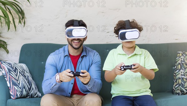 A man and a boy are playing a video game together on a couch. The boy is wearing a green shirt and the man is wearing a blue shirt, AI generated