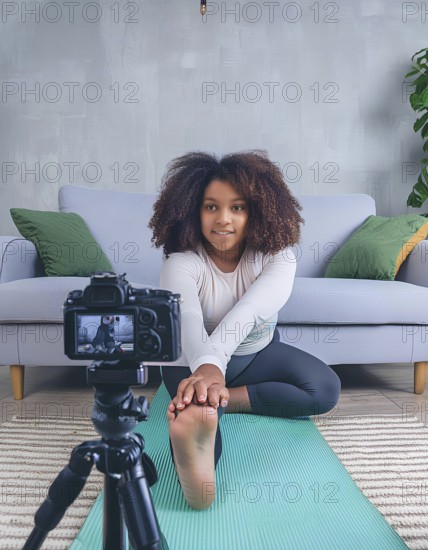 A young woman is doing a yoga pose in front of a camera. The camera is on a tripod and is recording her pose, AI generated