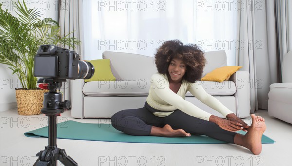 A woman is doing a yoga pose in front of a camera. The camera is on a tripod and is recording her pose. The woman is smiling and she is enjoying herself. The room is decorated with a couch, AI generated