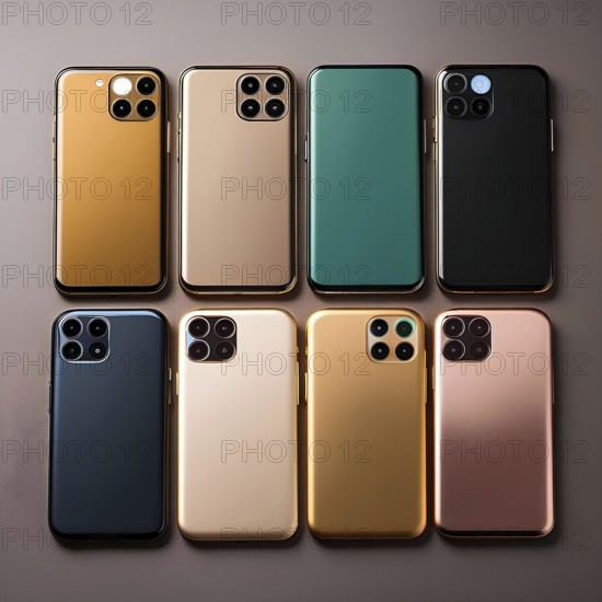 A mockup of the iPhone 16 Pro showing different color options, including gold, black, green, and rose gold, arranged in a grid on a flat surface, AI generated