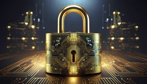 A high-tech golden padlock with intricate electronic circuits, symbolizing advanced cybersecurity measures and data protection in the digital age. The image conveys the concept of secure digital environments and fraud prevention technology, AI generated