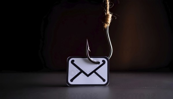 A picture of an email with a hook on it. The hook is attached to the envelope, and the envelope is on a table. Concept of danger and urgency, AI generated