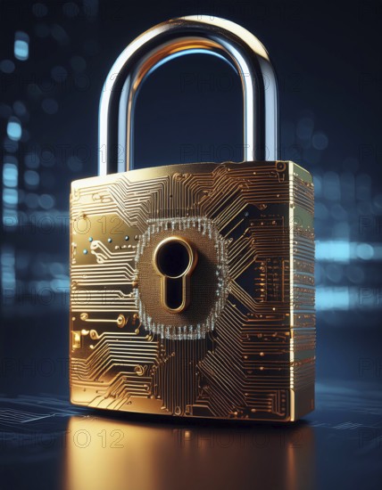 Closed golden padlock with electronic microchip and printed circuit board securing digital data, AI generated
