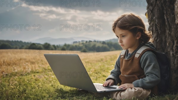 Girl fields using his laptop computer. She is adapting to the computer age. AI generated image, ai