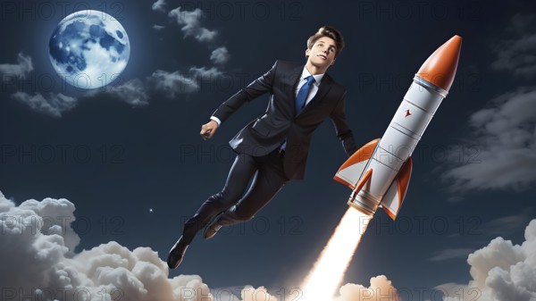 Launch project. Business concept. Man and flying rocket as business concept. AI generated image, ai