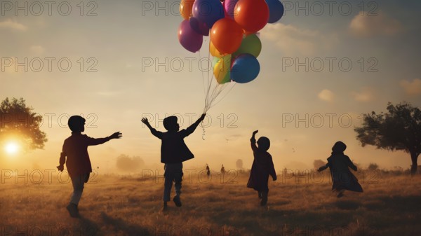 Group of children Silhouette, holding balloons, AI generated