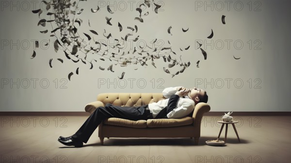 A metaphorical image of a contemplating lonely man. Young man thinking about things in life. AI generated image