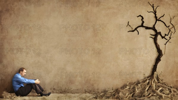 A metaphorical image of a contemplating lonely man. Young man thinking about things in life. AI generated image