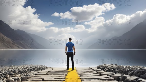 A metaphorical image of a contemplating lonely man. Young man thinking about things in life. AI generated image