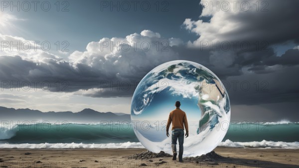 A metaphorical image of a contemplating lonely man. Young man thinking about things in life. AI generated image