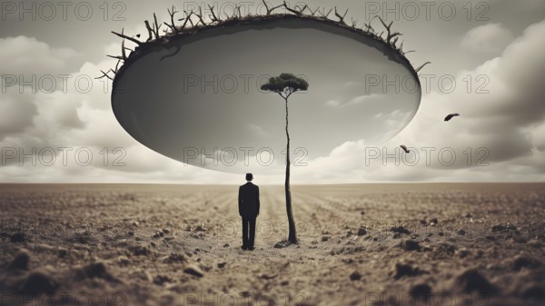A metaphorical image of a contemplating lonely man. Young man thinking about things in life. AI generated image