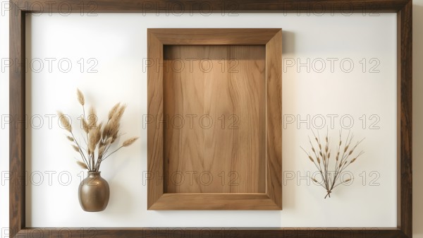 Realistic border wooden rectangular natural frame with shadow. Empty wooden frame boarder for presentations, AI generated