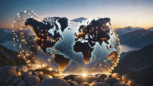 Continent world map. Outline World Map Background. Global network connection, AI generated