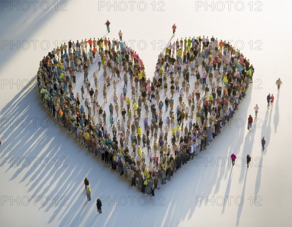 A diverse crowd of people standing together to form a heart shape, symbolizing community, connection, and love on a white background with long shadows cast. A unique representation of unity and compassion, AI generated