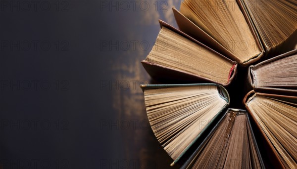 Old books arranged highlighting their historical significance. Neatly arranged representing a collection of wisdom, AI generated