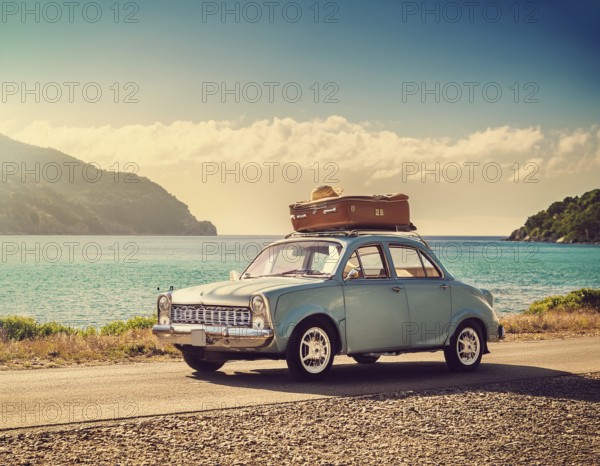 Holiday car luggage on beach, space for text. Summer vacation trip, AI generated