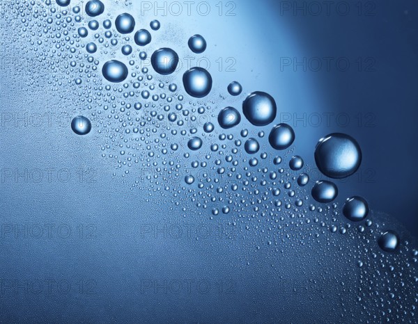 Macro shot of clear water droplets spread on a smooth blue surface, creating a refreshing and abstract pattern with reflections, AI generated