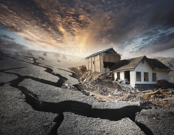 Earthquake - natural disaster with crack in the ground and rubble, AI generated