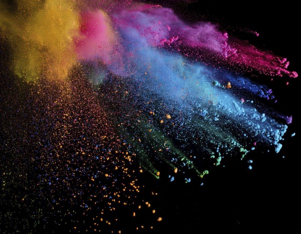 A colorful explosion powder on black background.. Multicolored powder explosion, AI generated