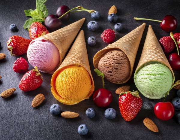 Variety of ice cream portions with different flavor, AI generated