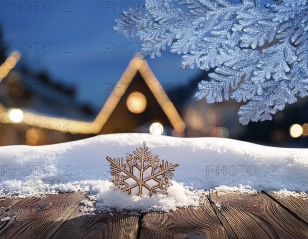 Vintage wooden table in front of a blurry winter holiday background, AI generated