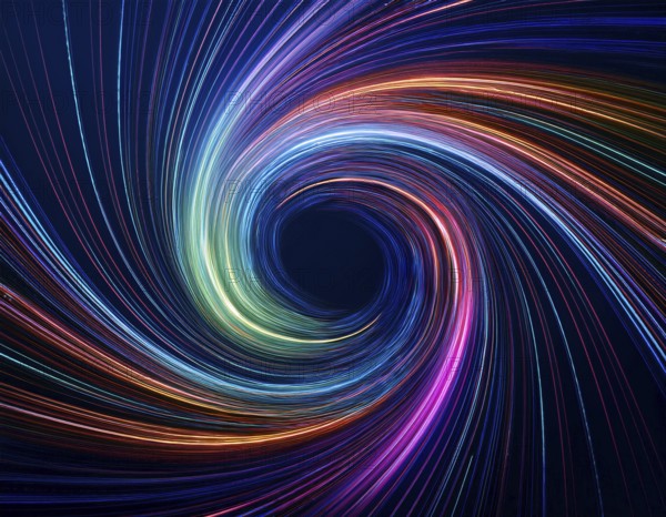 Abstract art depicting vibrant streaks of light forming a swirling vortex against a dark background, evoking a dynamic and energetic visual. Perfect for creative, modern, and futuristic design projects, AI generated
