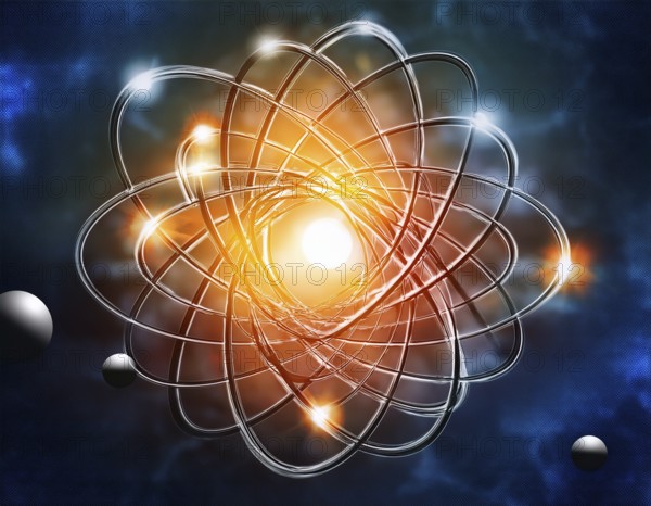 A vibrant illustration of an atomic structure with colorful spheres and connections, illuminated and set against a dark contrasting background, AI generated