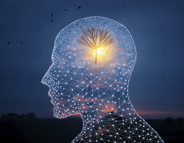 A creative representation of a human head silhouette incorporating an illuminated brain. The image blends nature and intellect themes through the inclusion of a forest background during sunset, AI generated