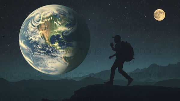 Person thinking about meaning of life. Man and the globe Earth, AI generated