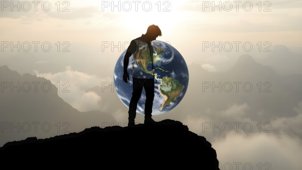 Person thinking about meaning of life. Man and the globe Earth, AI generated